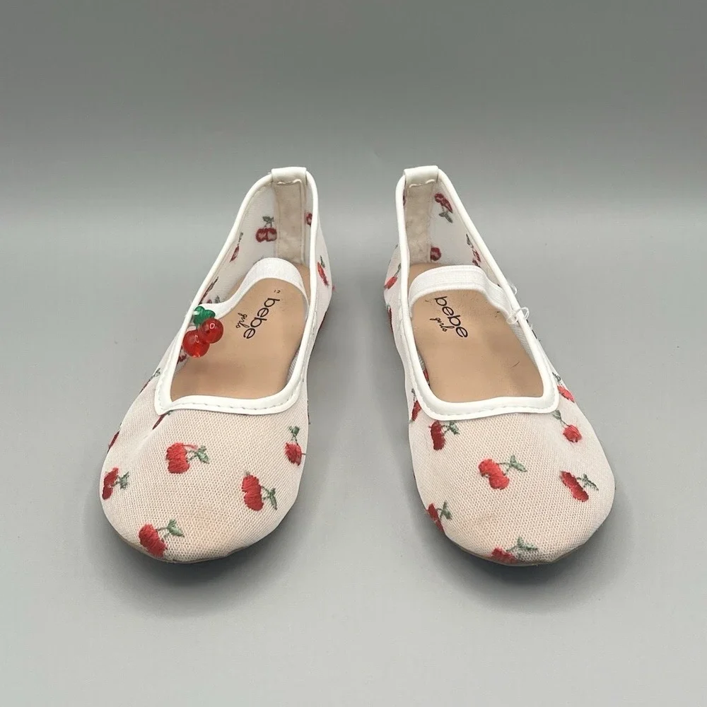 Bebe Girls White‎ and Red Flats Slippers with Cherries - Kids Youth Size 12